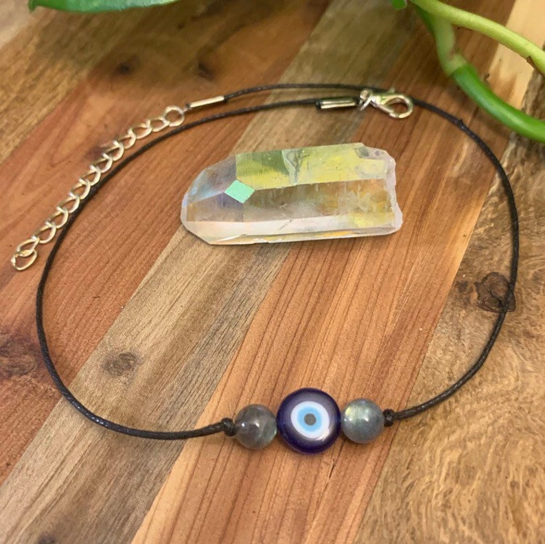 Evil Eye Labradorite Choker Necklace, Protection Blue Glass Ojo Necklace, Nazar Necklace, Dainty Evil Eye Crystal Cord Choker image 3