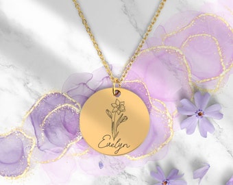 Birthflower Necklace • Custom Name Engraved Jewelry • Personalized Birth Month Flower Necklace •  Mothers Day Gift • Bridesmaids Gifts