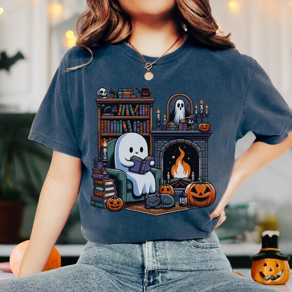 Ghost Reading Books Shirt, Halloween Bookish Ghost Shirt, Spooky Season Book Shirt, Halloween Teacher T-Shirt, Ghost Story Reader Tee