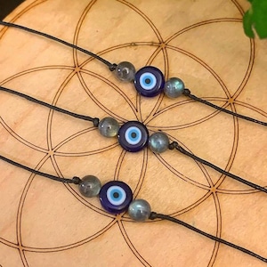 Evil Eye Labradorite Choker Necklace, Protection Blue Glass Ojo Necklace, Nazar Necklace, Dainty Evil Eye Crystal Cord Choker