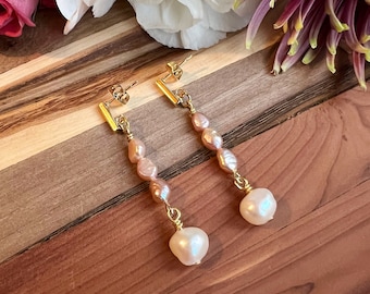 Pearl Drop Earrings • Fresh Water Pearl Gold Hypoallergenic Stainless Steel Earrings • Nuetral Tone Pearl Dangle Stud Minimalist Earrings•