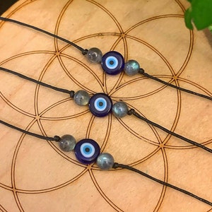 Evil Eye Labradorite Choker Necklace, Protection Blue Glass Ojo Necklace, Nazar Necklace, Dainty Evil Eye Crystal Cord Choker image 1