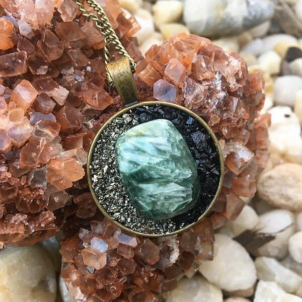 Seraphinite, Crushed Pyrite and Crushed Black Tourmaline Necklace/Pendant! RESERVED FOR PATRICK!