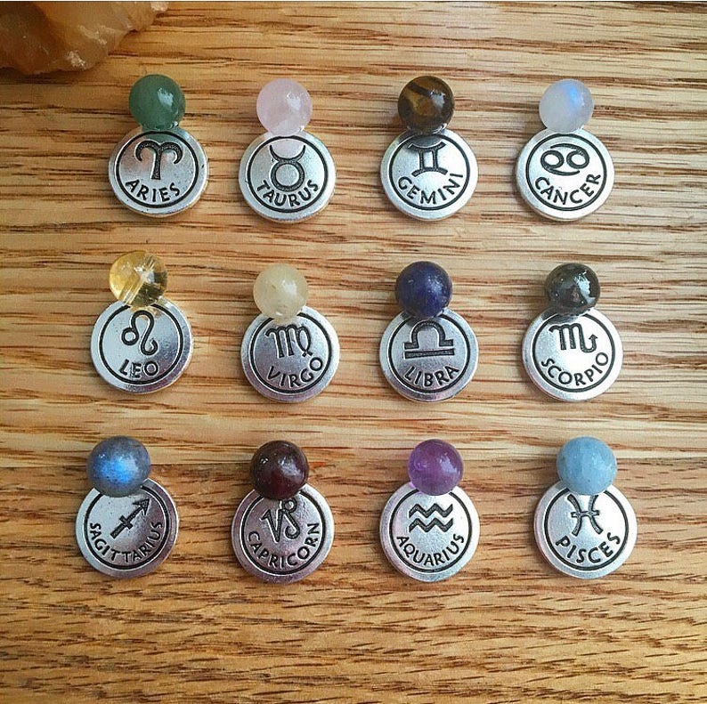 May include: Twelve silver charms with zodiac symbols and corresponding gemstones. The charms are arranged in three rows of four. The gemstones include amethyst, aquamarine, carnelian, clear quartz, emerald, garnet, labradorite, lapis lazuli, moonstone, obsidian, rose quartz, and tiger's eye.
