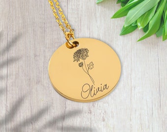 Birth Flower and Name Personalized Necklace • Custom Engraved Jewelry • Birth Month Flower Necklace • Mothers Day Personalized Gift •