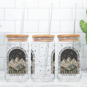 ACOTAR Velaris Glas 16 Unzen Tasse, Velaris Starfall Eiskaffeetasse, Stadt der Sternenlicht Glasdose, ein Dornengericht & Rosen Merch, Bücherwurm Geschenk