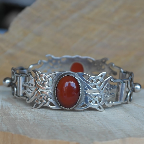 Vintage Rare Early Scottish Iona Sterling Silver Iain MacCormick Carnelian and Celtic Knot ZooMorphic Beast and Flower Ornate Panel Bracelet