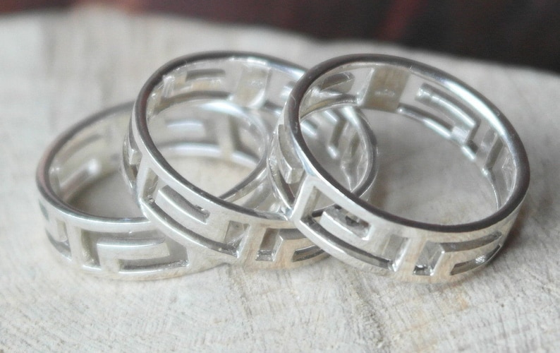 Three Vintage Sterling Silver Greek Key Band Rings UK size M US size 6 12