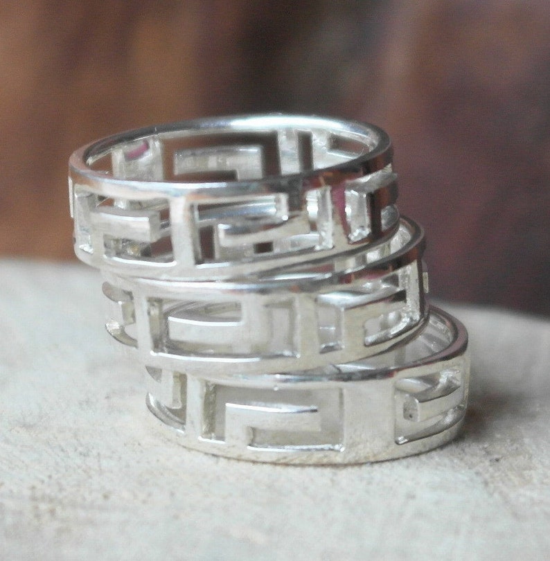 Three Vintage Sterling Silver Greek Key Band Rings UK size M US size 6 12