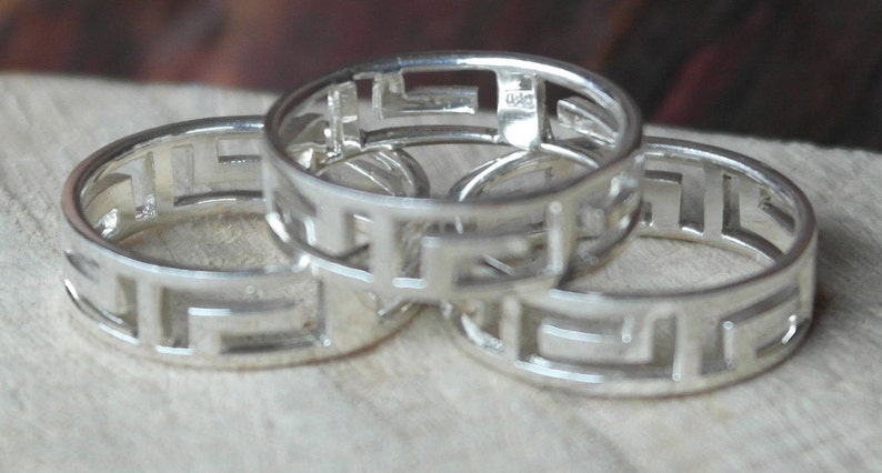 Three Vintage Sterling Silver Greek Key Band Rings UK size M US size 6 12