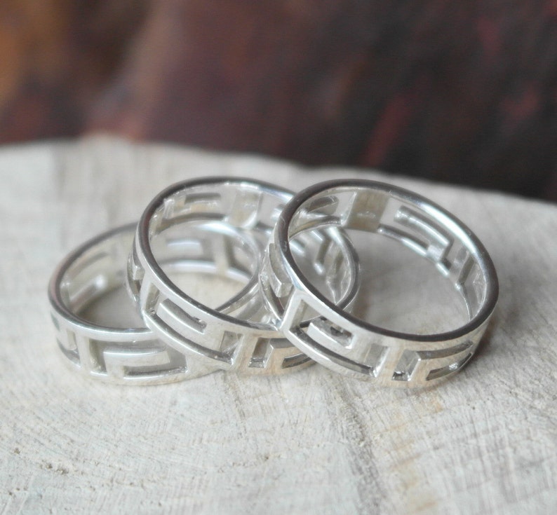 Three Vintage Sterling Silver Greek Key Band Rings UK size M US size 6 12