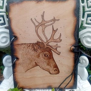 May include: A wooden journal with a detailed pyrography image of a deer's head and antlers. The journal has a dark brown border and a black cord closure. The design is burned into the light-colored wood.