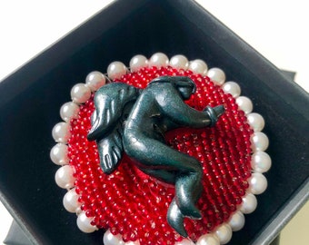 Fallen Angel: elegant sculpture brooch made from polymer clay & red beads, unique artwork, just 1 copy, brings luck