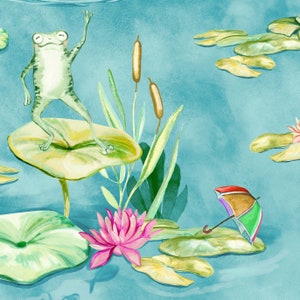 Carta da parati Whimsical Frog Pond – Rane acquerellate, ninfee e fiori – Graziosa carta da parati murale per la cameretta dei bambini o per la decorazione della cameretta del neonato