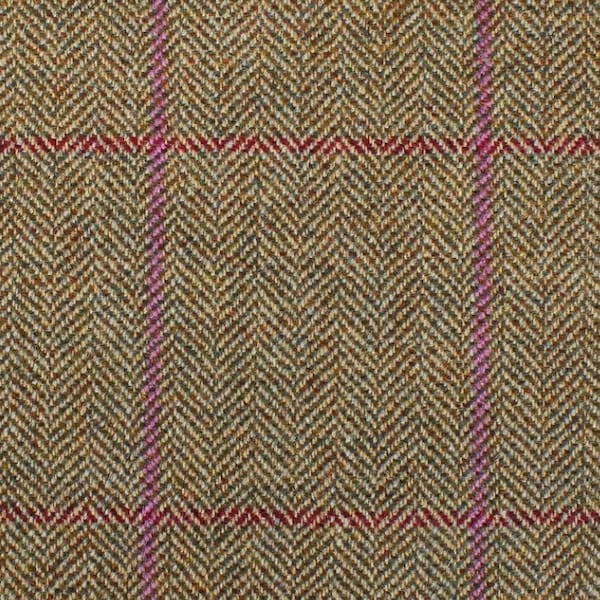 100% Wool Check Tweed Green/Beige with pink and red check ‘Billy’ - Upholstery Fabric - Jacketing Fabric - Traditionally Woven in Scotland