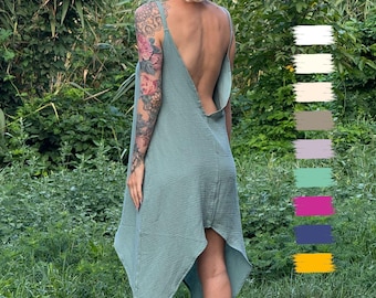 Backless Summer Slip Dress – Boho Cotton Gauze Sundress with Asymmetrical Hem & V-Neck | Open Back Beach Vacation Outfit | Gift for Her