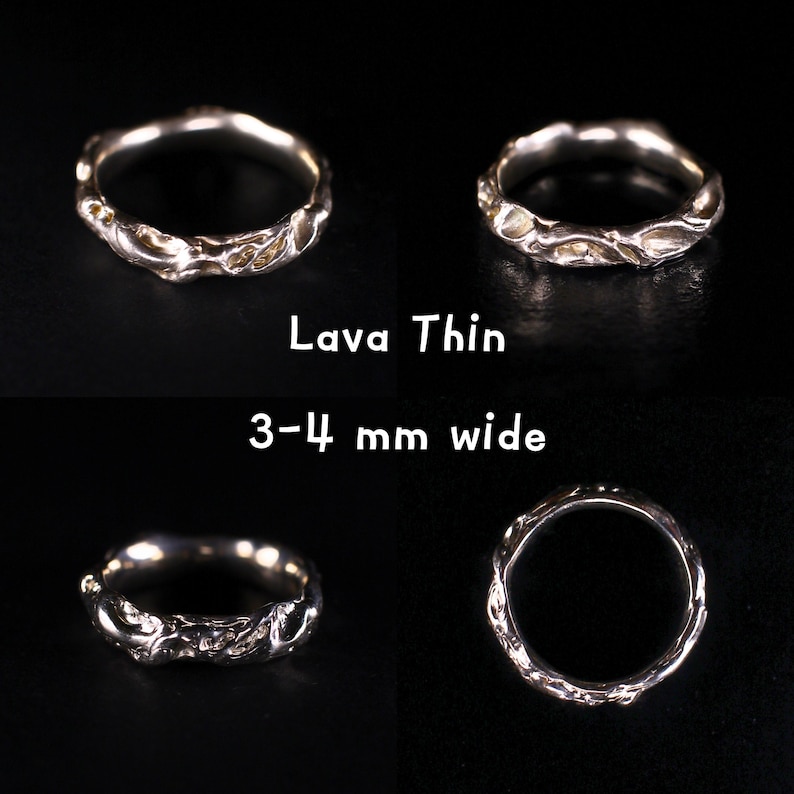 Variation photo collage that opens when the Lava Thin option is selected, showing the handmade cast sterling silver ring from four angles on a black background: two front views, an angled side view, and a top view. The on-image labels read “Lava Thin” and “3–4 mm wide.” The slim band has an uneven wavy outline, irregular lava relief texture, polished highlights, and a fluid abstract freeform shape, revealing the unique surface details around the full solid 925 silver ring.