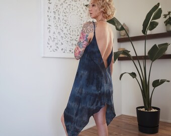 Hand Dyed Backless Dress for Aesthetic Festival Outfit. Cotton Open Back Slip Dress for Sexy Boho. Bohemian Loungewear.