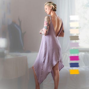 Lilac Boho Backless Dress – Deep V Cotton Sundress  – Soft Lightweight Sexy Goddess Outfit