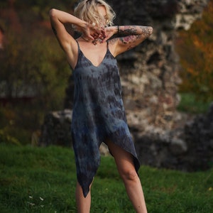 Goddess Backless Dress for Vacation Loungewear. Open Back Slip Dress for Tulum Clothing. Summer Resort Wear. Burning Man Festival Outfit. Gray & Black tie dye