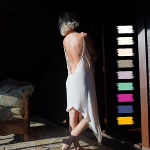 White Backless Dress for Boho Beach Wear. Bohemian Plunge Sundress for Ibiza. Pure Cotton Open Back Slip Dress for Minimalist Loungewear.