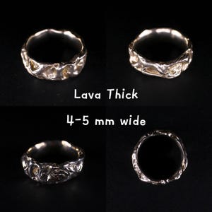 Variation photo collage that opens when the Lava Thick option is selected, showing the handmade cast sterling silver ring from four angles on a black background: two front views, an angled side view, and a top view. The on-image labels read “Lava Thick” and “4–5 mm wide.” The chunky silver ring has an uneven wide band, irregular lava relief texture, polished highlights, and a heavy fluid abstract freeform shape, revealing the unique wavy surface around the full solid 925 silver ring.