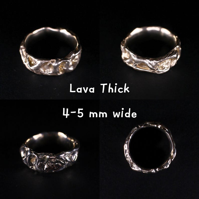 Variation photo collage that opens when the Lava Thick option is selected, showing the handmade cast sterling silver ring from four angles on a black background: two front views, an angled side view, and a top view. The on-image labels read “Lava Thick” and “4–5 mm wide.” The chunky silver ring has an uneven wide band, irregular lava relief texture, polished highlights, and a heavy fluid abstract freeform shape, revealing the unique wavy surface around the full solid 925 silver ring.