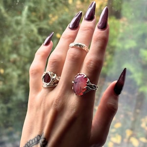 Red Agate Ring | Chunky Silver Band with Fantasy Texture, Nature Inspired Jewelry for Gift