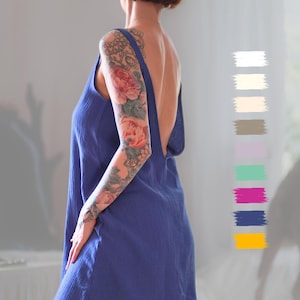 Blue Boho Sundress – Deep V Back Sexy Summer Dress – Soft Cotton Coverup for Beach or Lounge – Gift She’ll Love
