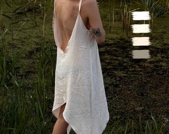 Backless Summer Boho Slip Dress – Pastel Cotton Gauze Sundress with Asymmetrical Hem | Open Back Resort Wear | Gift She’ll Love