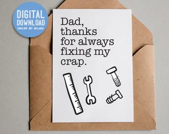 Father's Day Dad Tools Funny Thank You Love You Digital Printable Instant Download 5x7 Folded Card