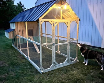 Puede incluir: Un gallinero de madera con techo de metal y un recinto de malla de alambre. El gallinero tiene una luz en el techo y una rampa que conduce a la caja de anidación. Un perro está de pie cerca del gallinero, mirando hacia arriba a la luz.