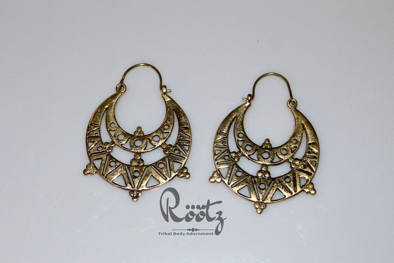 Gypsy Hoop Earrings Flower Earrings Ethnic Earrings Tribal Earrings Hoop Earrings White Brass Earrings R\u00f6\u00f6tz Boho Brass Earrings