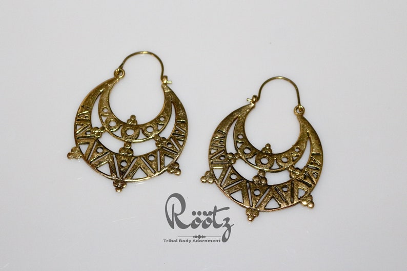 Gypsy Hoop Earrings Flower Earrings Ethnic Earrings Tribal Earrings Hoop Earrings White Brass Earrings R\u00f6\u00f6tz Boho Brass Earrings