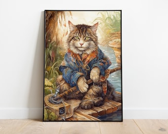 Cat fishing - Watercolor Painting - Animal Art - Cat Art Printing - Portrait - Digital file