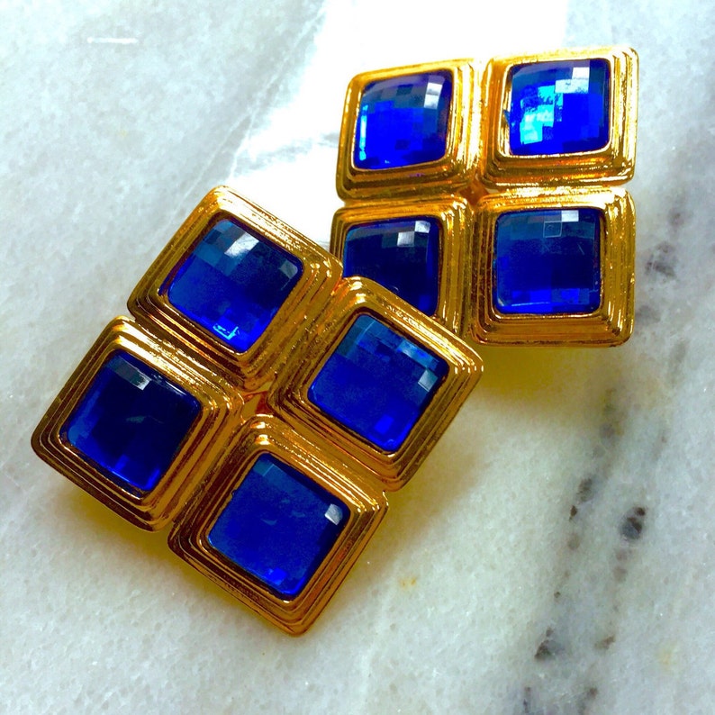 Vintage Costume Jewelry Sapphire Blue in Gold Setting ClipOn Etsy