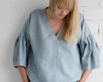 Linen Blouse Motumo – 17P2 / Handmade loose linen summer blouse with 3/4 sleeves / V neckline linen blouse / Washed linen blouse