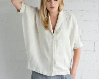 Linen Blouse Motumo – 17P3 / Handmade loose linen summer blouse with midi sleeves / Washed linen blouse