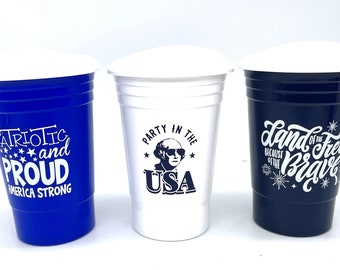 Poly Party Cups - PATRIOTIC MIX - 6 ct Double Insulated Hot/Cold Cups with Lids Double Walled Graphic Party Cups, 16 Ounce Thick Side Walls