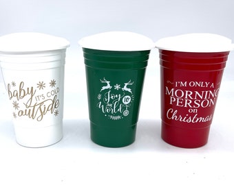 Poly Party Cups - CHRISTMAS MIX 6 ct Double Insulated Hot/Cold Cups with Lids Double Walled Graphic Party Cups, 16 Ounce Thick Side Walls