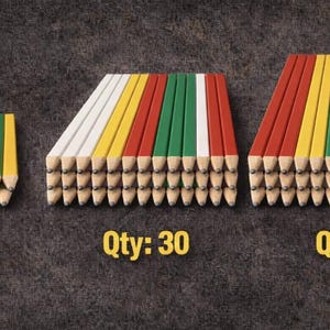 May include: Three stacks of pencils with white, yellow, red, and green stripes. The pencils are arranged in a neat, organized manner. The text "Qty: 10", "Qty: 30", and "Qty: 60" are displayed below each stack.