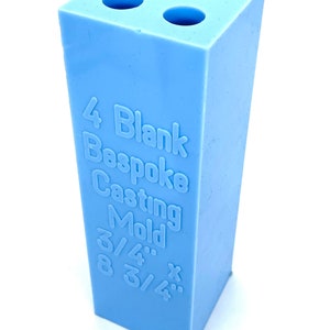 May include: A light blue silicone mold with four circular cavities. The mold is labeled "4 Blank Bespoke Casting Mold 3/4" x 8 3/4".