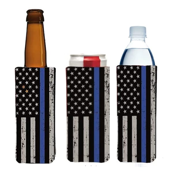 1 Police Black Flag with Blue Line Slim Can Sleeves, Skinny Neoprene Beer Coolers, Compatible with 12oz Slim Cans