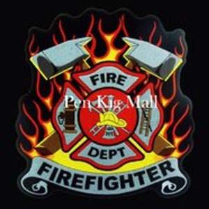 May include: A red, yellow, and black firefighter patch with a crossed axe design, flames, and the words "FIRE DEPT FIREFIGHTER".