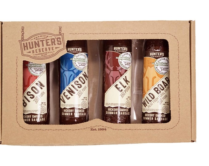 Hunter's Reserve Deadwood Shooter Summer Sausage Variety Pack Hickory Smoked 4 Wild Game Flavors Gift Pack Bison -Wild Boar - Elk - Venison