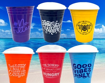 Poly Party Cups - NOVELTY MIX 6 ct Double Insulated Hot/Cold Cups with Lids Double Walled Graphic Party Cups, 16 Ounce Thick Side Walls