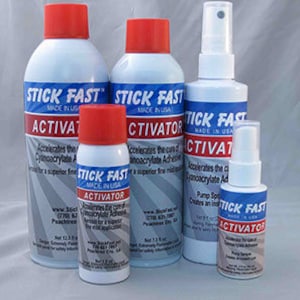 May include: Five bottles of Stick Fast activator for cyanoacrylate adhesives. The bottles are various sizes and come in a spray bottle and a squeeze bottle. The bottles are labeled with the text "Stick Fast Activator" and "Made in USA".