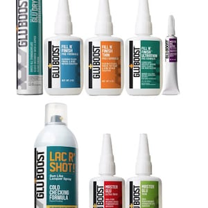 May include: A collection of GluBoost products for woodworking and crafts. The products include a variety of glues, a lacquer spray, and a glue accelerator. The glues are available in different viscosities, including thin, ultra-thin, and master glues. The products are labeled with their names and descriptions.