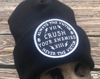 Crush Your Enemies knit beanie with sewn on patch by Seven 13 Productions