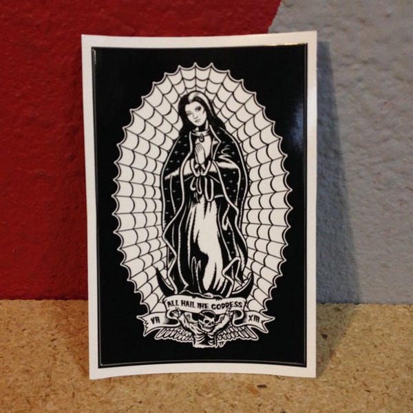 All Hail the Goddess II, Virgin Lily with Web Rays Sticker by Seven 13 Productions Lily Munster as Lady of Guadalupe or Virgin Mary Decal